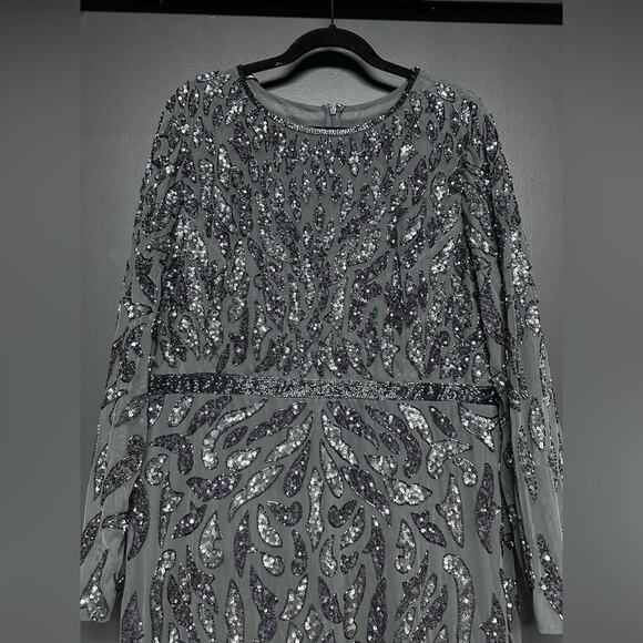 NWT Mac Duggal 5124 Beaded Long Sleeve Evening Gown Charcoal 18 - Picture 4 of 8